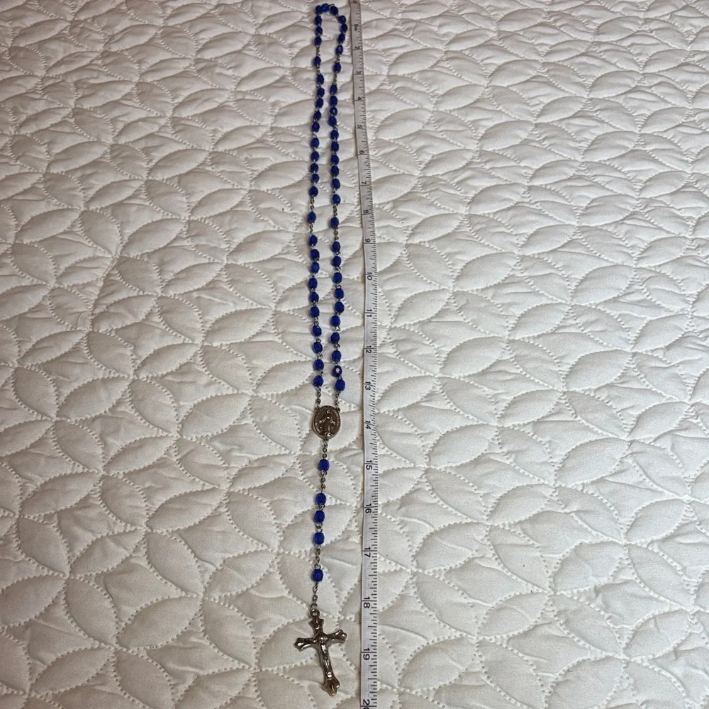 INRI Blue Beaded Rosary Necklace with Silver Accents